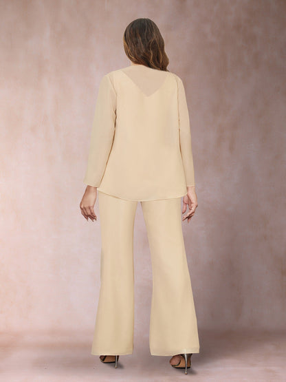 Ensemble 3 Pièces en Mousseline de Soie à Paillettes, Col en V, Manches Longues, Pantalon Grande Taille avec Veste
