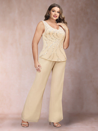 Ensemble 3 Pièces en Mousseline de Soie à Paillettes, Col en V, Manches Longues, Pantalon Grande Taille avec Veste