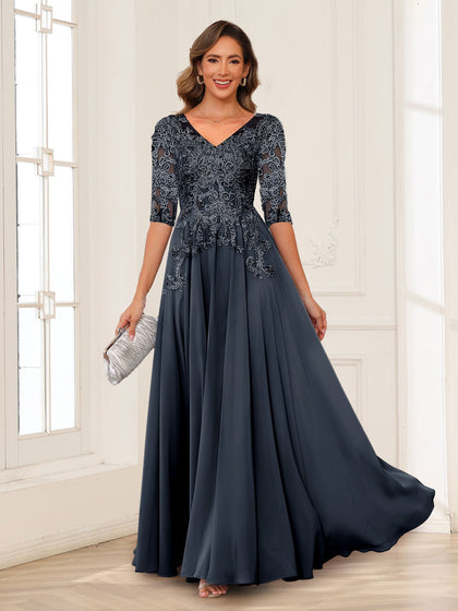 Robe de Mère de la Mariée en Mousseline de Soie, Coupe Trapèze/Princesse, Col en V, Manches Longues avec Appliques