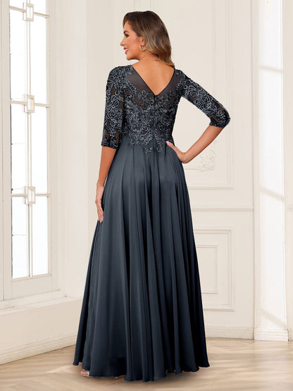 Robe de Mère de la Mariée en Mousseline de Soie, Coupe Trapèze/Princesse, Col en V, Manches Longues avec Appliques