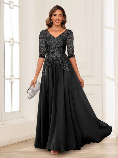 Robe de Mère de la Mariée en Mousseline de Soie, Coupe Trapèze/Princesse, Col en V, Manches Longues avec Appliques