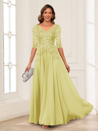 Robe de Mère de la Mariée en Mousseline de Soie, Coupe Trapèze/Princesse, Col en V, Manches Longues avec Appliques