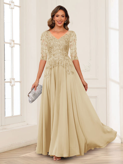 Robe de Mère de la Mariée en Mousseline de Soie, Coupe Trapèze/Princesse, Col en V, Manches Longues avec Appliques