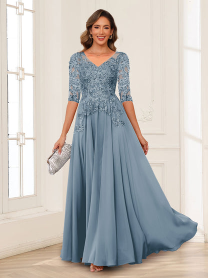 Robe de Mère de la Mariée en Mousseline de Soie, Coupe Trapèze/Princesse, Col en V, Manches Longues avec Appliques