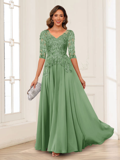Robe de Mère de la Mariée en Mousseline de Soie, Coupe Trapèze/Princesse, Col en V, Manches Longues avec Appliques