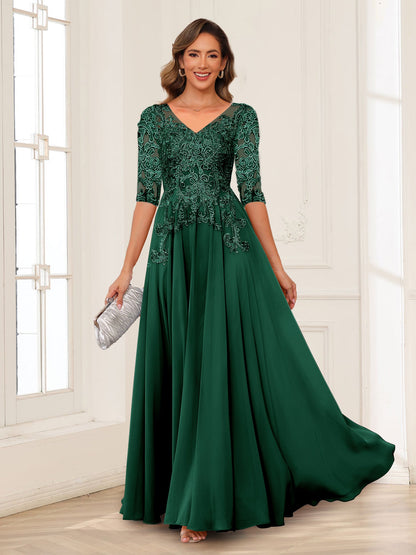 Robe de Mère de la Mariée en Mousseline de Soie, Coupe Trapèze/Princesse, Col en V, Manches Longues avec Appliques