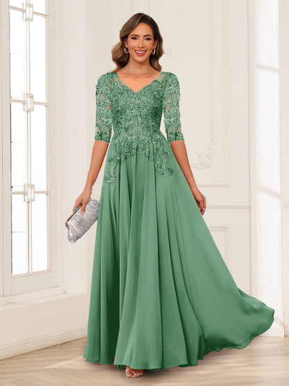 Robe de Mère de la Mariée en Mousseline de Soie, Coupe Trapèze/Princesse, Col en V, Manches Longues avec Appliques