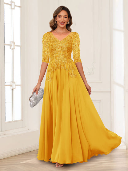 Robe de Mère de la Mariée en Mousseline de Soie, Coupe Trapèze/Princesse, Col en V, Manches Longues avec Appliques