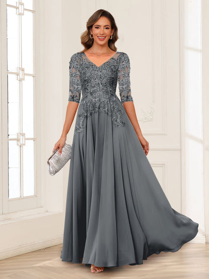 Robe de Mère de la Mariée en Mousseline de Soie, Coupe Trapèze/Princesse, Col en V, Manches Longues avec Appliques