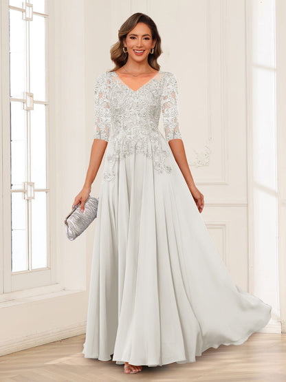 Robe de Mère de la Mariée en Mousseline de Soie, Coupe Trapèze/Princesse, Col en V, Manches Longues avec Appliques