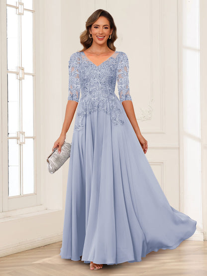 Robe de Mère de la Mariée en Mousseline de Soie, Coupe Trapèze/Princesse, Col en V, Manches Longues avec Appliques