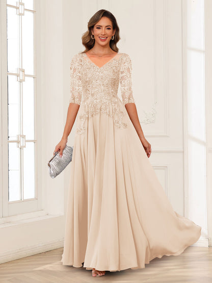 Robe de Mère de la Mariée en Mousseline de Soie, Coupe Trapèze/Princesse, Col en V, Manches Longues avec Appliques