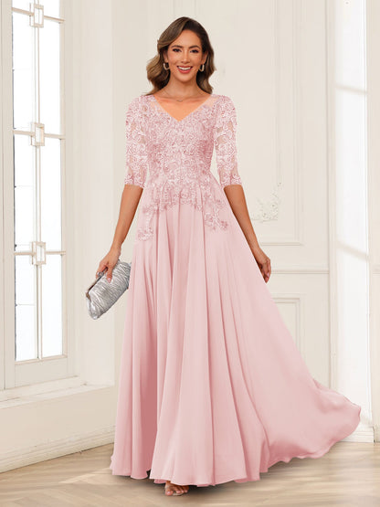 Robe de Mère de la Mariée en Mousseline de Soie, Coupe Trapèze/Princesse, Col en V, Manches Longues avec Appliques