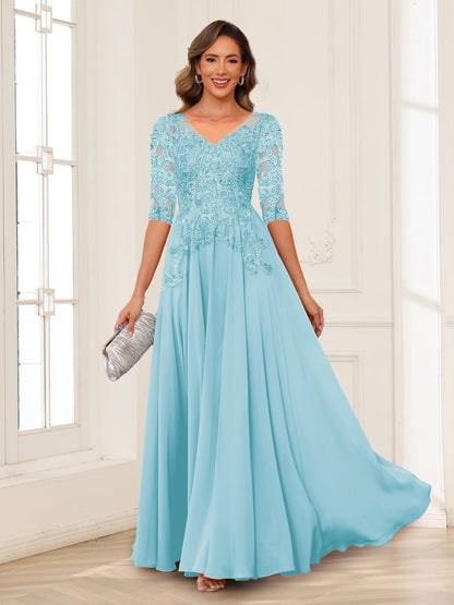Robe de Mère de la Mariée en Mousseline de Soie, Coupe Trapèze/Princesse, Col en V, Manches Longues avec Appliques