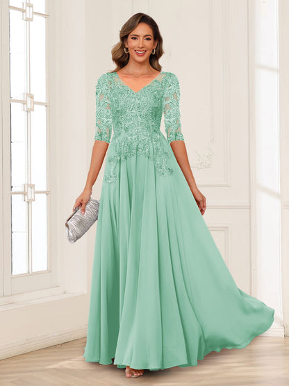 Robe de Mère de la Mariée en Mousseline de Soie, Coupe Trapèze/Princesse, Col en V, Manches Longues avec Appliques