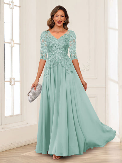Robe de Mère de la Mariée en Mousseline de Soie, Coupe Trapèze/Princesse, Col en V, Manches Longues avec Appliques