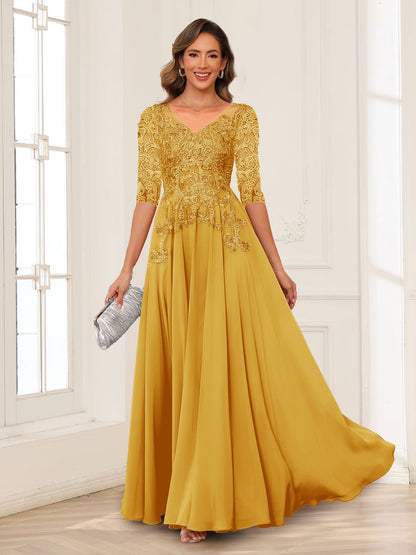 Robe de Mère de la Mariée en Mousseline de Soie, Coupe Trapèze/Princesse, Col en V, Manches Longues avec Appliques