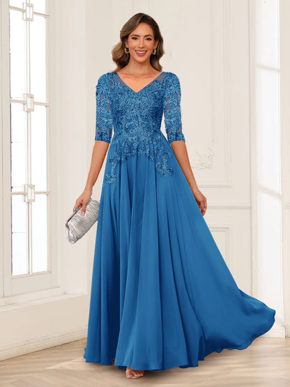 Robe de Mère de la Mariée en Mousseline de Soie, Coupe Trapèze/Princesse, Col en V, Manches Longues avec Appliques