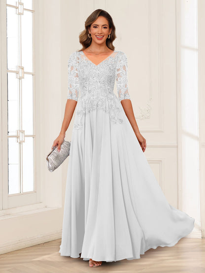 Robe de Mère de la Mariée en Mousseline de Soie, Coupe Trapèze/Princesse, Col en V, Manches Longues avec Appliques