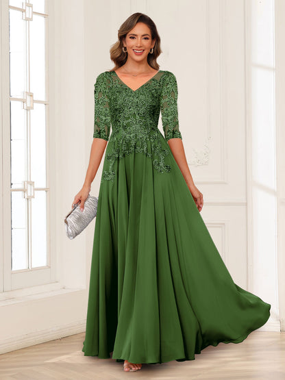 Robe de Mère de la Mariée en Mousseline de Soie, Coupe Trapèze/Princesse, Col en V, Manches Longues avec Appliques