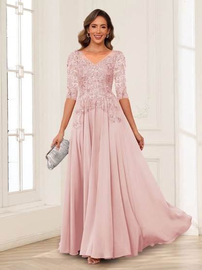 Robe de Mère de la Mariée en Mousseline de Soie, Coupe Trapèze/Princesse, Col en V, Manches Longues avec Appliques
