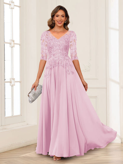Robe de Mère de la Mariée en Mousseline de Soie, Coupe Trapèze/Princesse, Col en V, Manches Longues avec Appliques