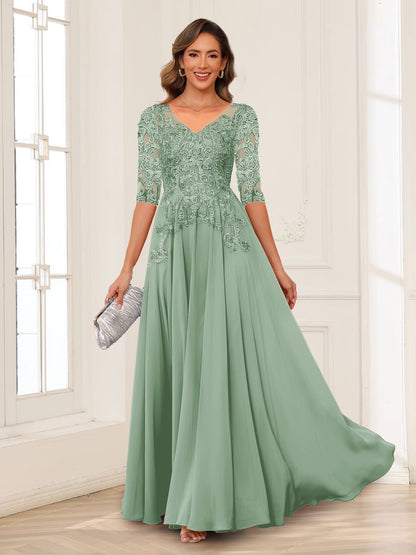 Robe de Mère de la Mariée en Mousseline de Soie, Coupe Trapèze/Princesse, Col en V, Manches Longues avec Appliques