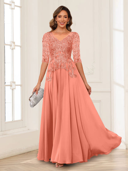Robe de Mère de la Mariée en Mousseline de Soie, Coupe Trapèze/Princesse, Col en V, Manches Longues avec Appliques