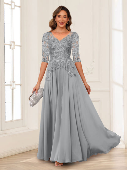 Robe de Mère de la Mariée en Mousseline de Soie, Coupe Trapèze/Princesse, Col en V, Manches Longues avec Appliques