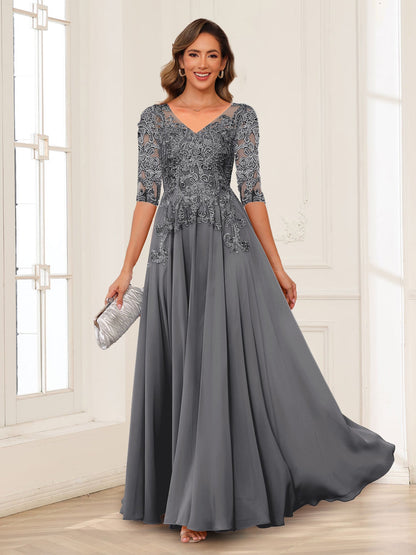 Robe de Mère de la Mariée en Mousseline de Soie, Coupe Trapèze/Princesse, Col en V, Manches Longues avec Appliques