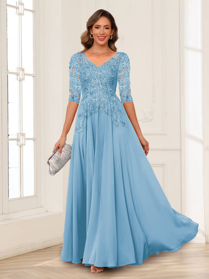 Robe de Mère de la Mariée en Mousseline de Soie, Coupe Trapèze/Princesse, Col en V, Manches Longues avec Appliques