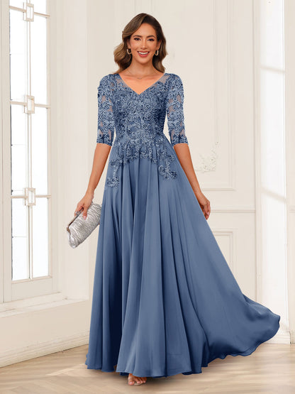 Robe de Mère de la Mariée en Mousseline de Soie, Coupe Trapèze/Princesse, Col en V, Manches Longues avec Appliques