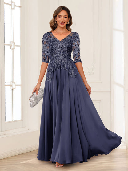 Robe de Mère de la Mariée en Mousseline de Soie, Coupe Trapèze/Princesse, Col en V, Manches Longues avec Appliques