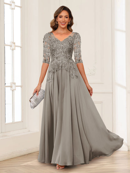 Robe de Mère de la Mariée en Mousseline de Soie, Coupe Trapèze/Princesse, Col en V, Manches Longues avec Appliques