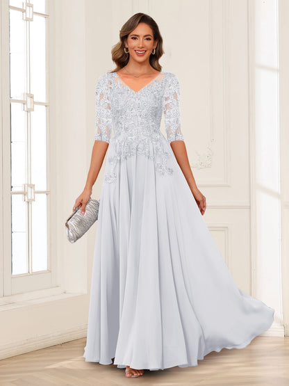 Robe de Mère de la Mariée en Mousseline de Soie, Coupe Trapèze/Princesse, Col en V, Manches Longues avec Appliques