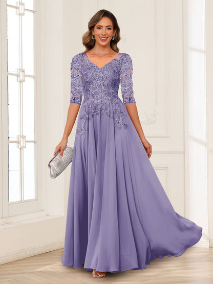 Robe de Mère de la Mariée en Mousseline de Soie, Coupe Trapèze/Princesse, Col en V, Manches Longues avec Appliques