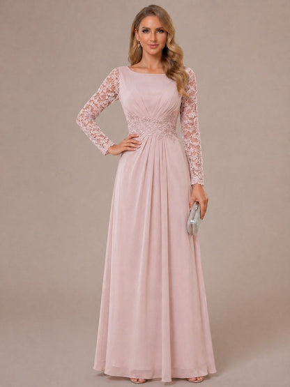 Robe Mère de la Mariée Ligne A/Princesse, Col Dégagé & Manches Longues, avec Fronces & Appliques