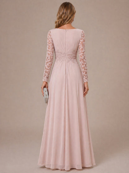 Robe Mère de la Mariée Ligne A/Princesse, Col Dégagé & Manches Longues, avec Fronces & Appliques