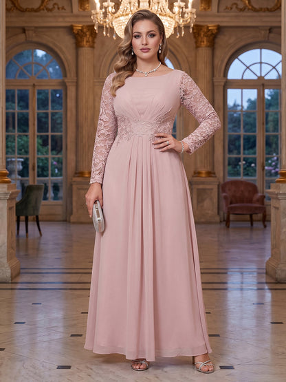 Robe Mère de la Mariée Grande Taille A-Ligne Col Rond à Manches Longues avec Fronces et Appliques