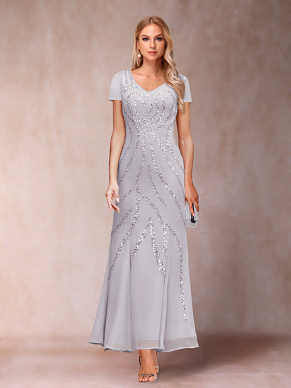 Robe de Soirée Fourreau/Colonne à Col En V et Longueur Cheville avec Veste et Paillettes