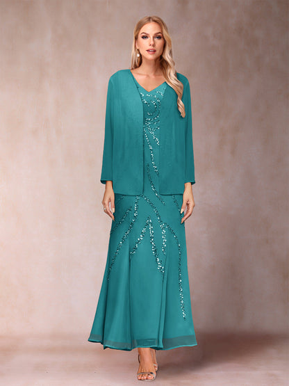 Robe de Soirée Fourreau/Colonne à Col En V et Longueur Cheville avec Veste et Paillettes
