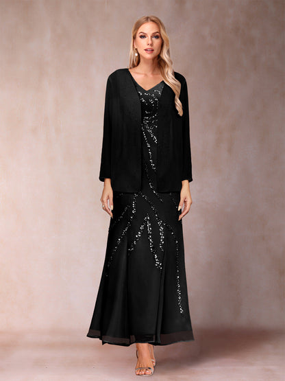 Robe de Soirée Fourreau/Colonne à Col En V et Longueur Cheville avec Veste et Paillettes