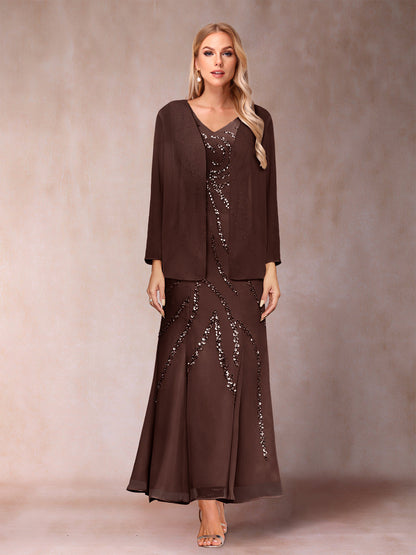 Robe de Soirée Fourreau/Colonne à Col En V et Longueur Cheville avec Veste et Paillettes