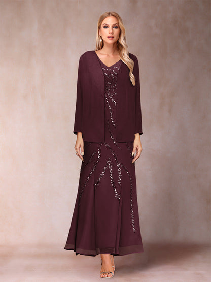 Robe de Soirée Fourreau/Colonne à Col En V et Longueur Cheville avec Veste et Paillettes