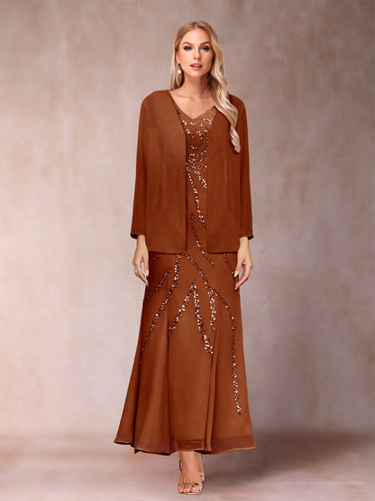 Robe de Soirée Fourreau/Colonne à Col En V et Longueur Cheville avec Veste et Paillettes