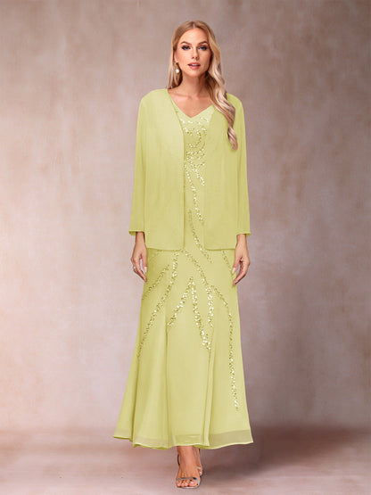 Robe de Soirée Fourreau/Colonne à Col En V et Longueur Cheville avec Veste et Paillettes