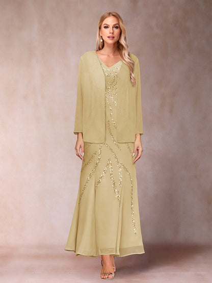 Robe de Soirée Fourreau/Colonne à Col En V et Longueur Cheville avec Veste et Paillettes