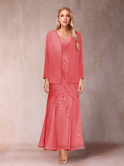 Robe de Soirée Fourreau/Colonne à Col En V et Longueur Cheville avec Veste et Paillettes