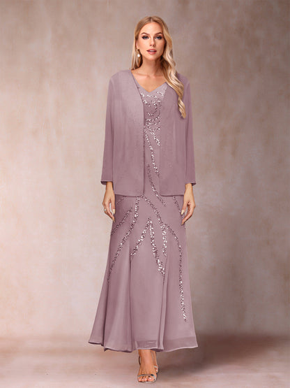 Robe de Soirée Fourreau/Colonne à Col En V et Longueur Cheville avec Veste et Paillettes