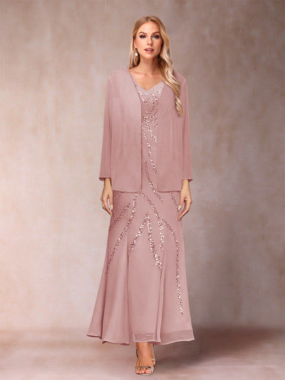 Robe de Soirée Fourreau/Colonne à Col En V et Longueur Cheville avec Veste et Paillettes